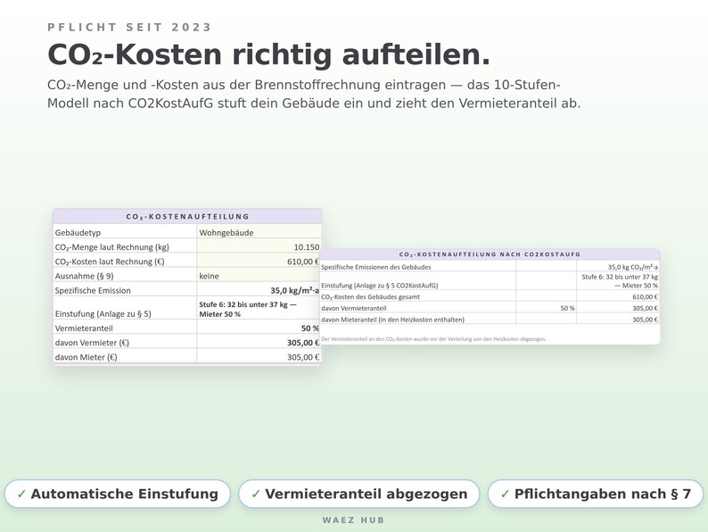 CO₂-Kostenaufteilung nach CO2KostAufG: automatische Einstufung im 10-Stufen-Modell und Pflichtangaben auf der Mieter-Abrechnung