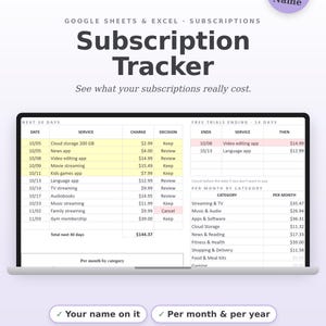 Subscription Tracker Spreadsheet | Monthly Subscription List and Free Trial Tracker | Recurring Payments | Google Sheets & Excel