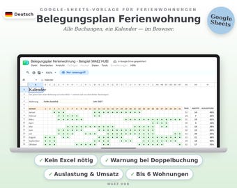 Belegungsplan Ferienwohnung Google Sheets Vorlage | Belegungskalender für Airbnb & Booking.com | Auslastung, Umsatz, Kurtaxe | Deutsch