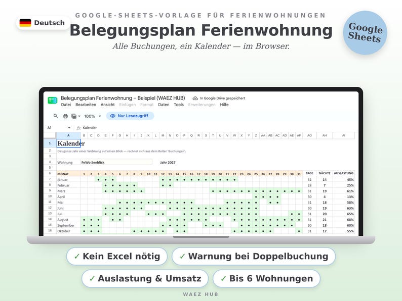 Belegungsplan Ferienwohnung als Google-Sheets-Vorlage im Laptop: Jahreskalender mit gebuchten Nächten und Auslastung