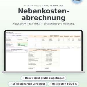 Nebenkostenabrechnung Excel Vorlage 2026 2027 | Betriebskosten Rechner für Vermieter nach BetrKV & HeizKV | Mieter Abrechnung | Download
