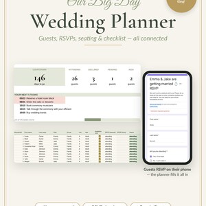 Wedding Planner Englisch | Hochzeitsplaner Google Sheets (englische Version) | Guest List with RSVP Form, Seating Chart and Budget