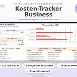 Excel-Vorlage Kosten-Tracker für Selbstständige: Ausgaben-Übersicht mit Kennzahlen, Kategorien, Balkendiagramm und Eintragstabelle — Überschrift: Endlich sehen, wohin dein Geld geht