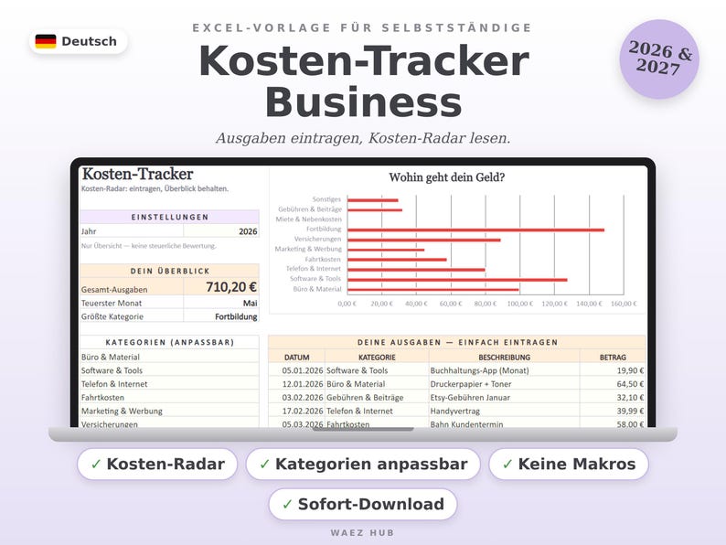 Excel-Vorlage Kosten-Tracker für Selbstständige: Ausgaben-Übersicht mit Kennzahlen, Kategorien, Balkendiagramm und Eintragstabelle — Überschrift: Endlich sehen, wohin dein Geld geht
