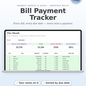 Subscription Tracker and Monthly Bill Tracker Spreadsheet | Bill Payment Organizer | Due Date Checklist | Google Sheets & Excel