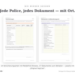 Versicherungs-Übersicht mit 14 Policen und Dokumenten-Checkliste mit Aufbewahrungsort