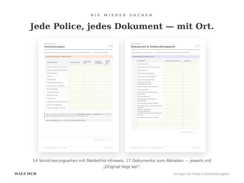 Versicherungs-Übersicht mit 14 Policen und Dokumenten-Checkliste mit Aufbewahrungsort