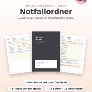 Notfallordner Vorlage PDF zum Ausdrucken | Vorsorgeordner Familie Deutsch | Notfallmappe mit Checklisten für Vollmacht, Dokumente & Finanzen