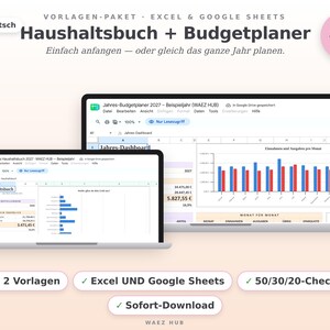 Haushaltsbuch und Jahres-Budgetplaner im Paket als Excel- und Google-Sheets-Vorlage auf Deutsch, gezeigt auf zwei Laptops