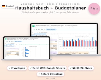 Haushaltsbuch + Budgetplaner Paket | Excel und Google Sheets Vorlage Deutsch 2026 2027 | Finanzplaner mit 50/30/20 Check & Sparzielen