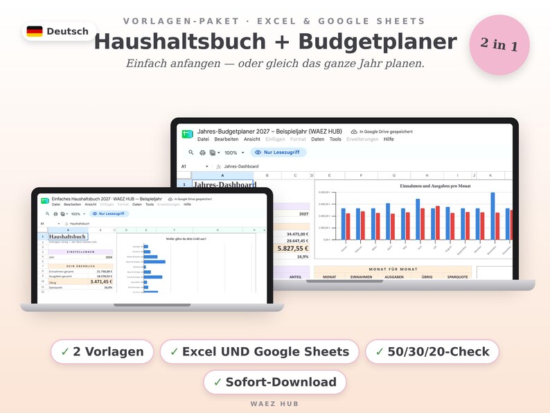 Haushaltsbuch und Jahres-Budgetplaner im Paket als Excel- und Google-Sheets-Vorlage auf Deutsch, gezeigt auf zwei Laptops