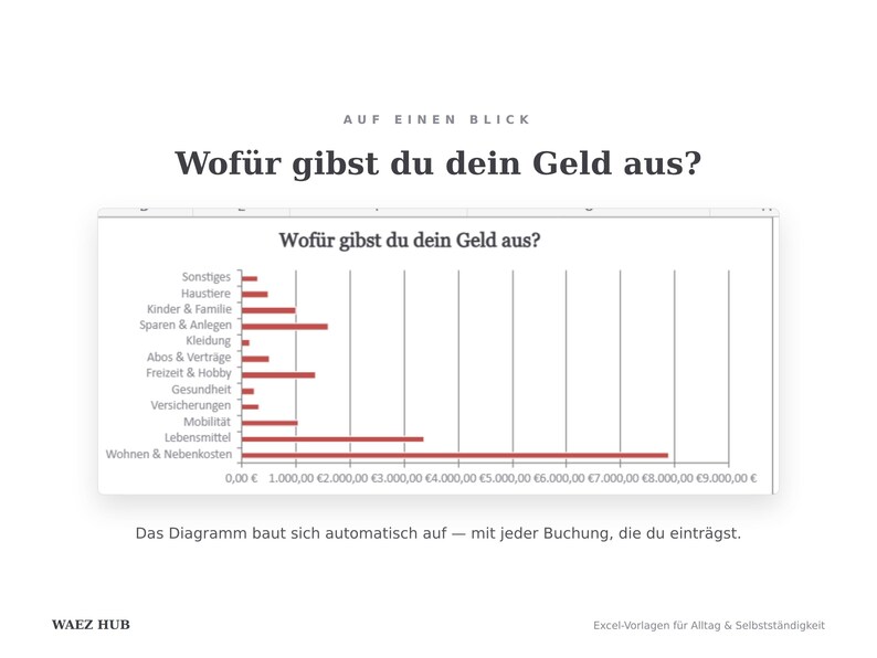 Balkendiagramm Wofür gibst du dein Geld aus: Ausgaben nach Kategorie, automatisch berechnet
