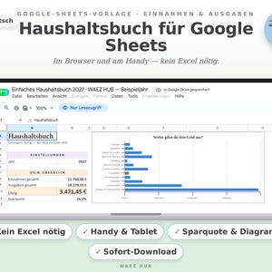 Haushaltsbuch als Google-Sheets-Vorlage auf Deutsch: Überblick mit Einnahmen, Ausgaben, Sparquote und Ausgaben-Diagramm im Browser