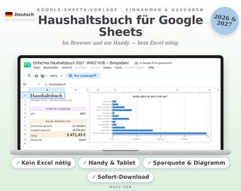 Budgetsjabloon Google Sheets 2026-2027 | Budgetplanner (Duits) | Inkomsten- en uitgavenoverzicht met grafiek en spaarpercentage | Downloaden