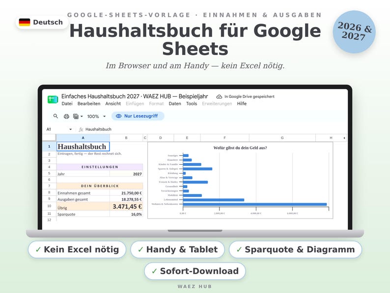 Haushaltsbuch als Google-Sheets-Vorlage auf Deutsch: Überblick mit Einnahmen, Ausgaben, Sparquote und Ausgaben-Diagramm im Browser