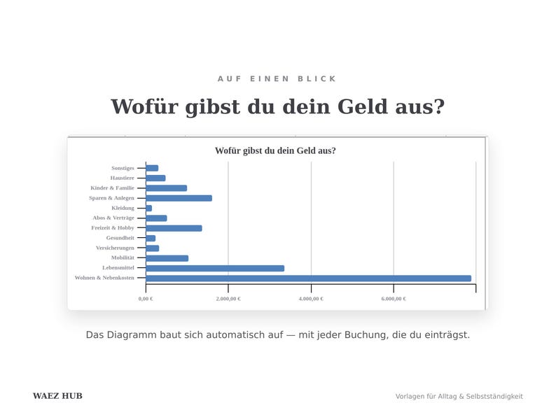 Balkendiagramm Wofür gibst du dein Geld aus: Ausgaben nach Kategorie, automatisch berechnet
