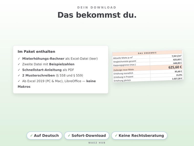 Lieferumfang: zwei Excel-Dateien und deutsche Schnellstart-Anleitung als PDF