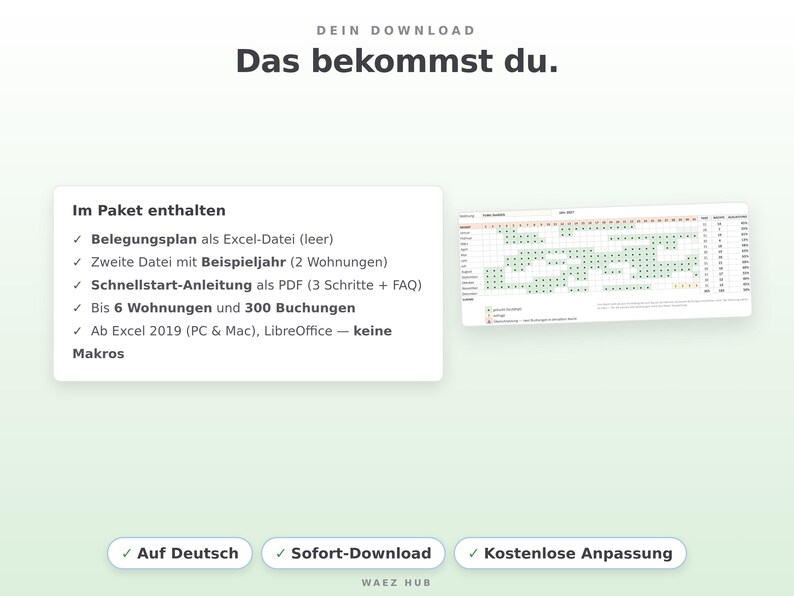 Lieferumfang: zwei Excel-Dateien und deutsche Schnellstart-Anleitung als PDF