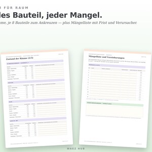 Zustand der Räume Seite für Seite mit Mängelliste, Frist und Verursacher
