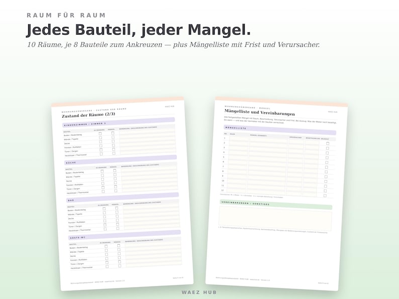 Zustand der Räume Seite für Seite mit Mängelliste, Frist und Verursacher