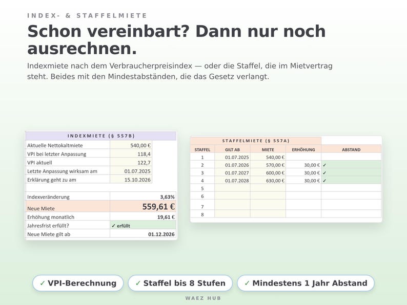 Blatt Index- und Staffelmiete: Berechnung nach Verbraucherpreisindex und Staffel mit acht Stufen