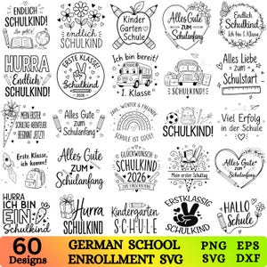 Könnte beinhalten: Eine Sammlung von 25 schwarz-weißen digitalen Designs mit deutschen Schulmotiven wie Schulbussen, Bleistiften, Rucksäcken und Herzen, ergänzt durch Schriftzüge wie Endlich Schulkind, Alles Gute zum Schulanfang und Erste Klasse.