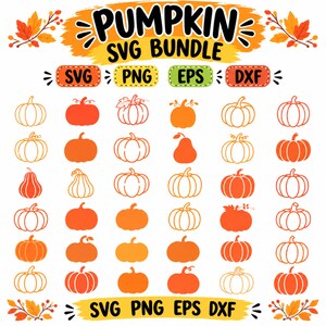 Könnte beinhalten: Eine digitale Grafiksammlung mit dem Titel PUMPKIN SVG BUNDLE, die verschiedene orangefarbene und weiße Kürbisillustrationen in Umriss- und Volltonstilen zeigt. Das Bild enthält Dateiformat-Labels SVG, PNG, EPS und DXF mit Herbstblatt-Akzenten.