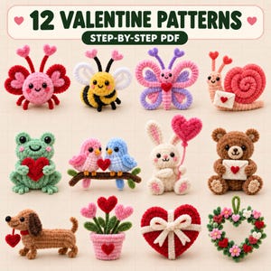 Puede incluir: Una colección de 12 figuras de ganchillo que incluyen una mariposa, abeja, caracol, rana, pájaros, conejo, oso, perro, flores, corazón y corona. El texto 12 VALENTINE PATTERNS STEP-BY-STEP PDF aparece en la parte superior de la imagen.