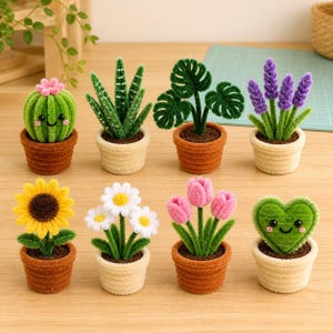 May include: A collection of eight miniature potted plants crafted from fuzzy pipe cleaners. The set includes a smiling cactus, a succulent, a monstera, lavender, a sunflower, daisies, pink tulips, and a smiling green heart-shaped plant.