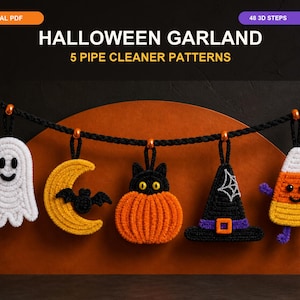 May include: A Halloween garland featuring five pipe cleaner patterns hanging from a black rope. The ornaments include a white ghost, a yellow crescent moon with a black bat, an orange pumpkin with a black cat, a black witch hat, and candy corn.
