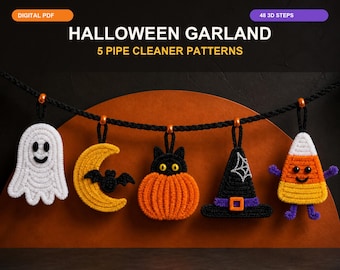 May include: A Halloween garland featuring five pipe cleaner patterns hanging from a black rope. The ornaments include a white ghost, a yellow crescent moon with a black bat, an orange pumpkin with a black cat, a black witch hat, and candy corn.