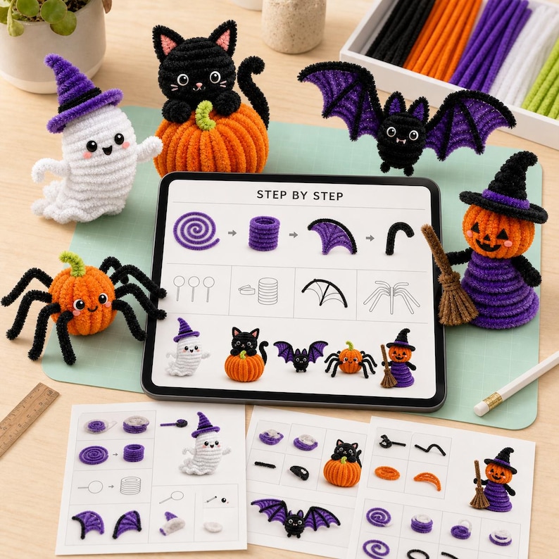 May include: A set of Halloween-themed pipe cleaner craft figures including a white ghost with a purple hat, a black cat on an orange pumpkin, a purple-winged bat, an orange pumpkin spider, and a witch pumpkin, with instructional tablets.