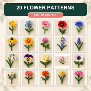 Könnte beinhalten: Ein digitales Dokument mit dem Titel 20 FLOWER PATTERNS STEP-BY-STEP PDF, das ein Raster aus zwanzig einzelnen Illustrationen verschiedener gehäkelter Blumen zeigt, darunter gelbe, blaue, rosa, rote, violette und weiße Blüten mit grünen Stielen und Blättern.