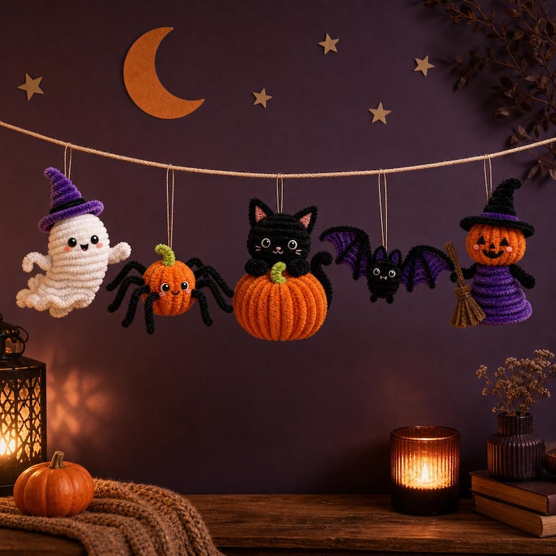 May include: A crochet garland featuring five hanging ornaments: a white ghost in a purple hat, an orange pumpkin spider, a black cat sitting on an orange pumpkin, a black bat with purple wings, and an orange pumpkin character in a purple hat.