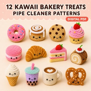 Può includere: Una guida PDF digitale intitolata 12 Kawaii Bakery Treats Pipe Cleaner Patterns che presenta dodici figure in peluche in stile uncinetto, tra cui una ciambella, una girella alla cannella, un biscotto, un cupcake, un macaron, un croissant, una fetta di torta, un rotolo dolce, un gelato, un boba, un caffè e un pretzel.