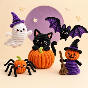 May include: A collection of five crocheted Halloween figures including a white ghost with a purple hat, a black cat sitting on an orange pumpkin, a purple and black bat, an orange pumpkin spider with black legs, and a pumpkin figure with a broom.