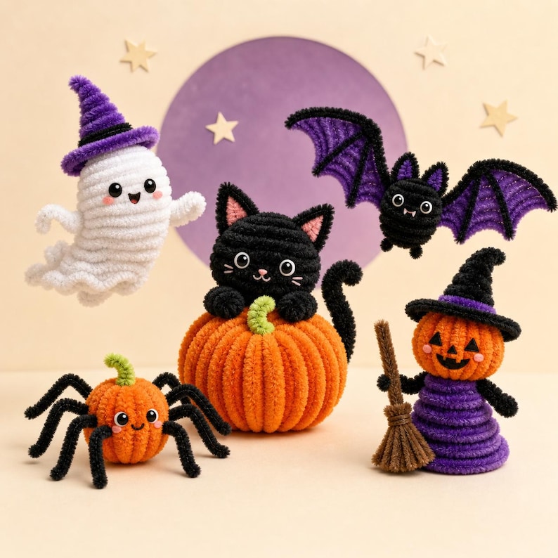 May include: A collection of five crocheted Halloween figures including a white ghost with a purple hat, a black cat sitting on an orange pumpkin, a purple and black bat, an orange pumpkin spider with black legs, and a pumpkin figure with a broom.