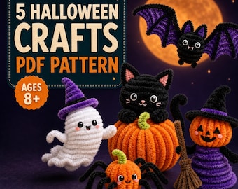 May include: A digital PDF pattern for 5 Halloween crafts featuring crocheted figures: a white ghost with a purple hat, a black cat on an orange pumpkin, a small orange spider, and a jack-o'-lantern with a broom, plus a flying black and purple bat.