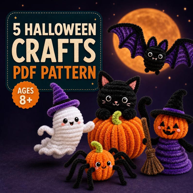 May include: A digital PDF pattern for 5 Halloween crafts featuring crocheted figures: a white ghost with a purple hat, a black cat on an orange pumpkin, a small orange spider, and a jack-o'-lantern with a broom, plus a flying black and purple bat.