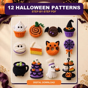 Könnte beinhalten: Ein digitaler Download mit 12 Halloween-Häkelanleitungen, darunter ein Geister-Cupcake, Kürbis, Fledermaus, Hexenhut-Cupcake, Mumien-Keks, Zuckermais-Stück, Katzen-Donut, Spinnennetz-Lutscher, Kessel, mehrstöckiger Kuchen, Geisterkoch und eine Etagere.