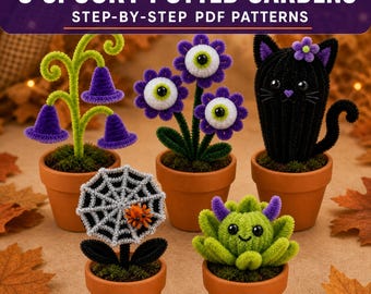 May include: Five spooky potted gardens step-by-step PDF patterns featuring pipe cleaner crafts: a green vine with purple bells, purple eyeball flowers, a black cat cactus, a spider web with an orange spider, and a green monster succulent.