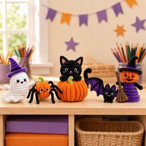 May include: A collection of five crocheted Halloween figures including a white ghost with a purple hat, an orange pumpkin spider, a black cat sitting on a pumpkin, a small black bat with purple wings, and an orange pumpkin with a purple hat.