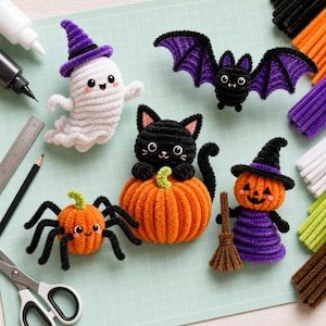 May include: A collection of five handmade pipe cleaner figures including a white ghost with a purple hat, a black bat with purple wings, a black cat on an orange pumpkin, an orange pumpkin spider, and an orange pumpkin character with a broom.