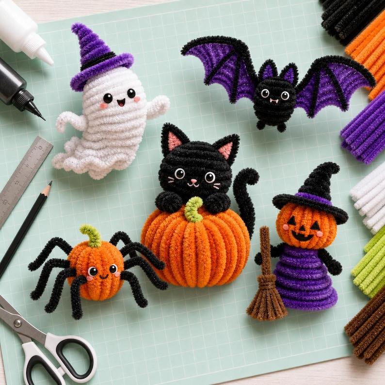 May include: A collection of five handmade pipe cleaner figures including a white ghost with a purple hat, a black bat with purple wings, a black cat on an orange pumpkin, an orange pumpkin spider, and an orange pumpkin character with a broom.