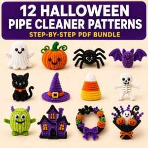 Pacchetto di modelli per scovolini da pipa a tema Halloween, 12 lavoretti con scovolini in ciniglia, tutorial PDF passo passo