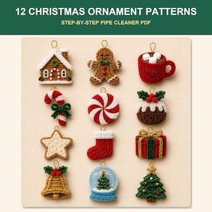 Puede incluir: Una colección de 12 patrones de adornos navideños titulada 12 CHRISTMAS ORNAMENT PATTERNS STEP-BY-STEP PIPE CLEANER PDF. Los adornos incluyen una casa de jengibre, un muñeco de jengibre, una taza de cacao, un bastón de caramelo, menta, pudín, estrella, calcetín, regalo, campana, bola de nieve y árbol.