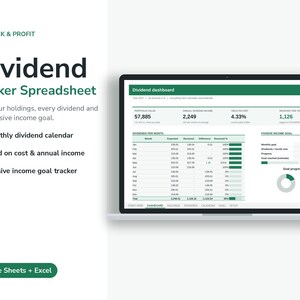 May include: A laptop screen displaying a Dividend Tracker Spreadsheet dashboard with financial data, tables, and charts. The text reads Paycheck & Profit, Dividend Tracker Spreadsheet, and Google Sheets + Excel, with green accents throughout the interface.