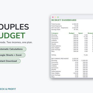 Pode incluir: Um modelo de painel de orçamento digital para casais com uma interface em modo claro. O texto diz COUPLES BUDGET, Light mode. Two incomes, one plan., Automatic Calculations, Google Sheets + Excel, Instant Download e PAYCHECK & PROFIT.