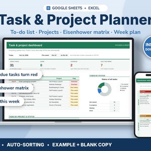 Aufgaben-Tracker-Tabelle, Projektplaner mit Gantt-Diagramm, Aufgabenliste & Zeitblockierung, Eisenhower-Matrix, Google Sheets Excel