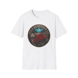 May include: A white short-sleeved t-shirt featuring a circular graphic on the chest. The design includes the text ATS & AI CRITIQUE CO., a blue robotic handshake, a paper shredder icon, and the words ALGORITHM ERROR RESUME REJECTED.